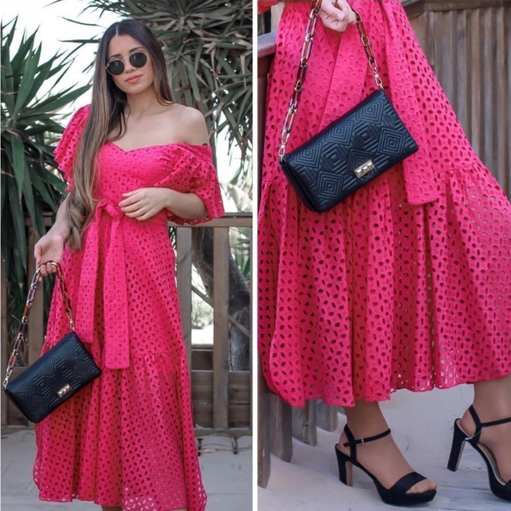 ZARA Fuchsia Openwork Embroidered Midi Dress New